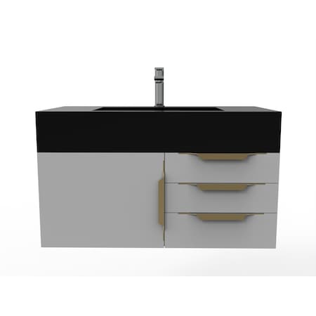 Castello Usa Nile 36" Wall Mounted Gray Vanity With Black Top And Gold Handles CB-MC-36G-GLD-2053-BL